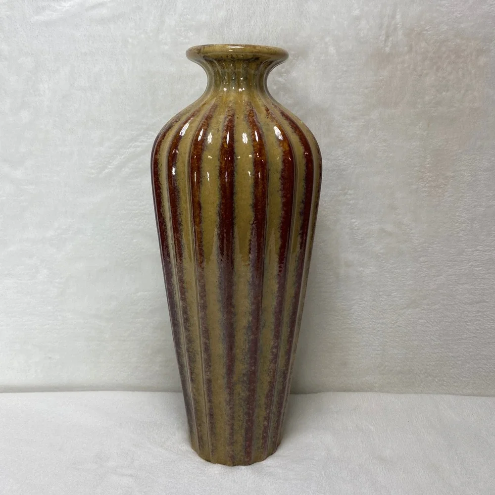 Vintage Fluted Ceramic Vase Earth Tones Striped Glaze Decorative Home Decor‎